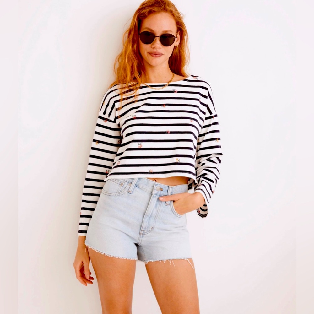 Madewell Cross-Stitch Embroidered Supercrop Long-Sleeve Stripe Tee, S, PRISTINE